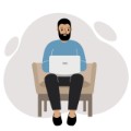 A man sits in a chair with a laptop. Vector flat illustration