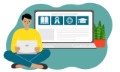 Online learning concept. A man is sitting cross-legged with a laptop. Close-up of a laptop with an open website page. Vector flat illustration