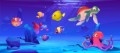Underwater sea life. Vector cartoon illustration of ocean animals and fish. Undersea landscape with cute octopus, turtle and different fish. Funny aquatic creatures