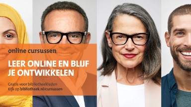 Afbeelding van verschillende mensen met daarop de tekst: Leer online en blijf je ontwikkelen. 